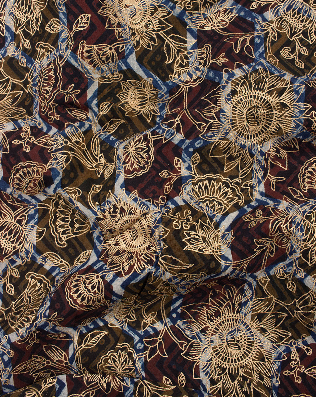 Maroon Gold Floral Pattern Foil Screen Print Chanderi Fabric - Fabriclore.com